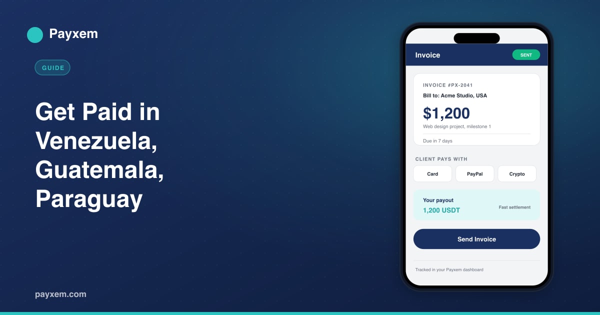 Payxem invoice on a phone showing card, PayPal, and crypto payment options for freelancers in Venezuela, Guatemala, and Paraguay